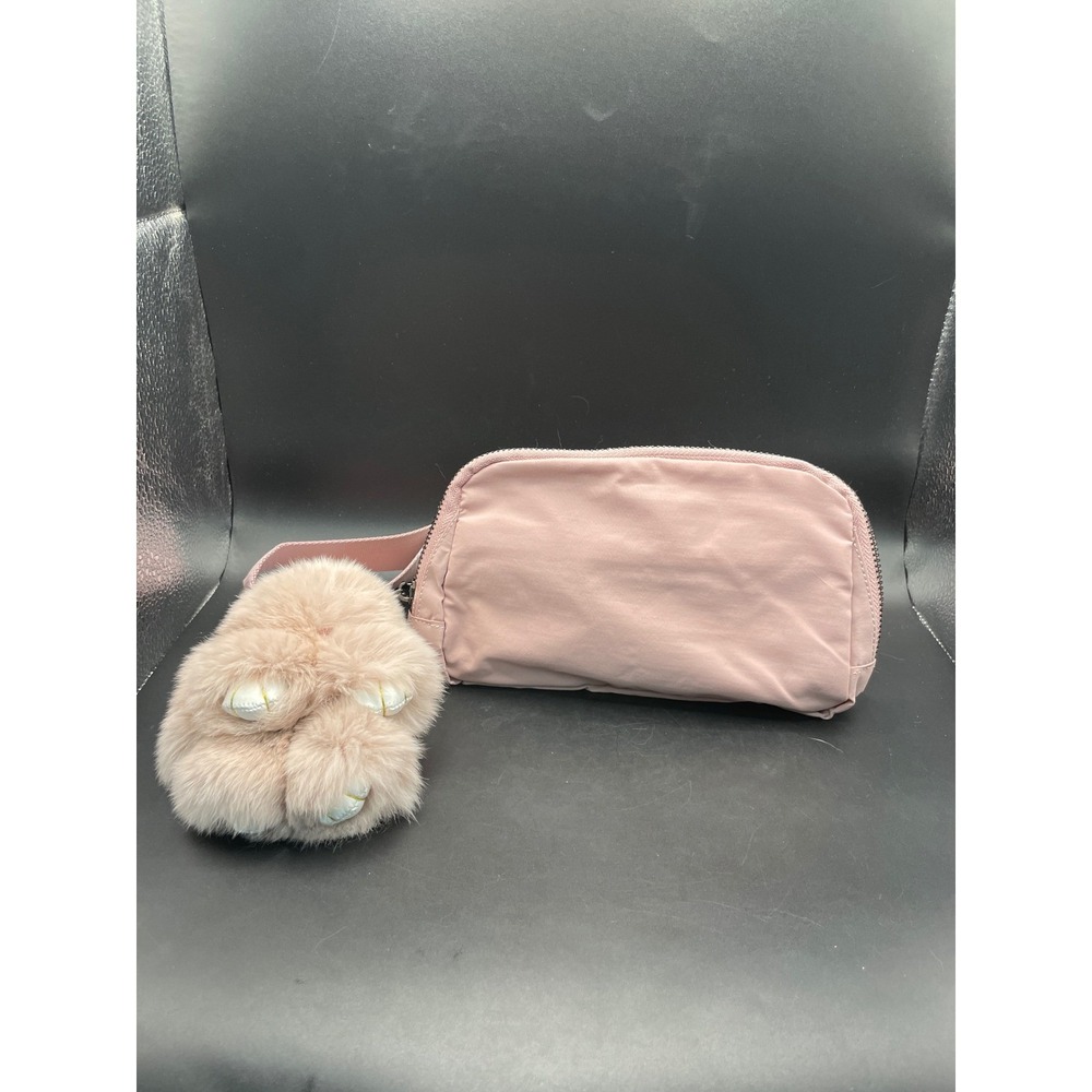 Threaded Pear Belt Bag Pink Nylon Waist Pack with Faux Fur Bunny Charm Accessory
